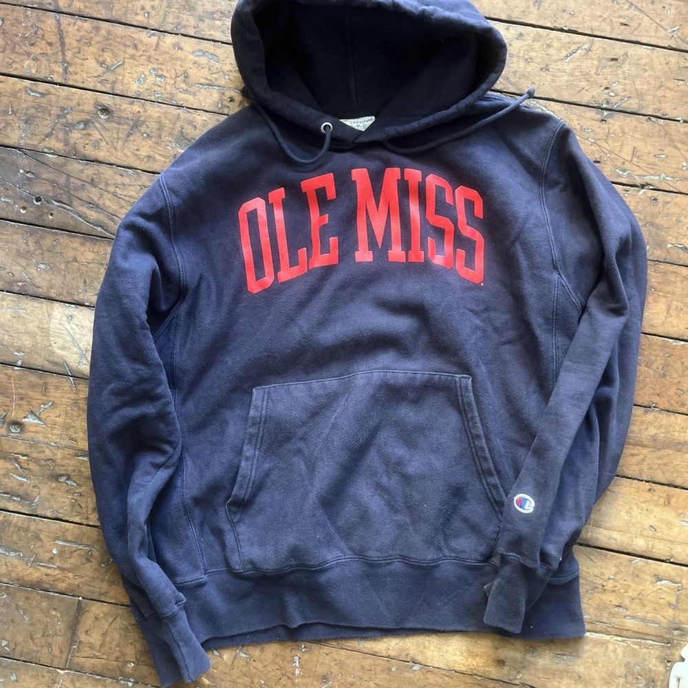 Champion Reverse Weave Blue Ole Miss University Pullover Hoodie Sweatshirt Sz L